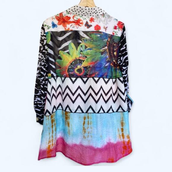 John Mark Multi-Colored Mix Print Roll Tab Sleeve Button Down Shirt Women's S - Picture 3 of 5